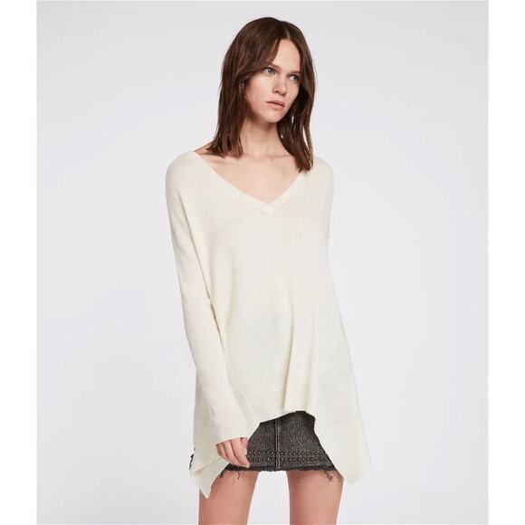 Allsaints Kelsey Cream V-neck Knit Top Lightweight Small Italian Yarn Minimalist - Picture 2 of 14